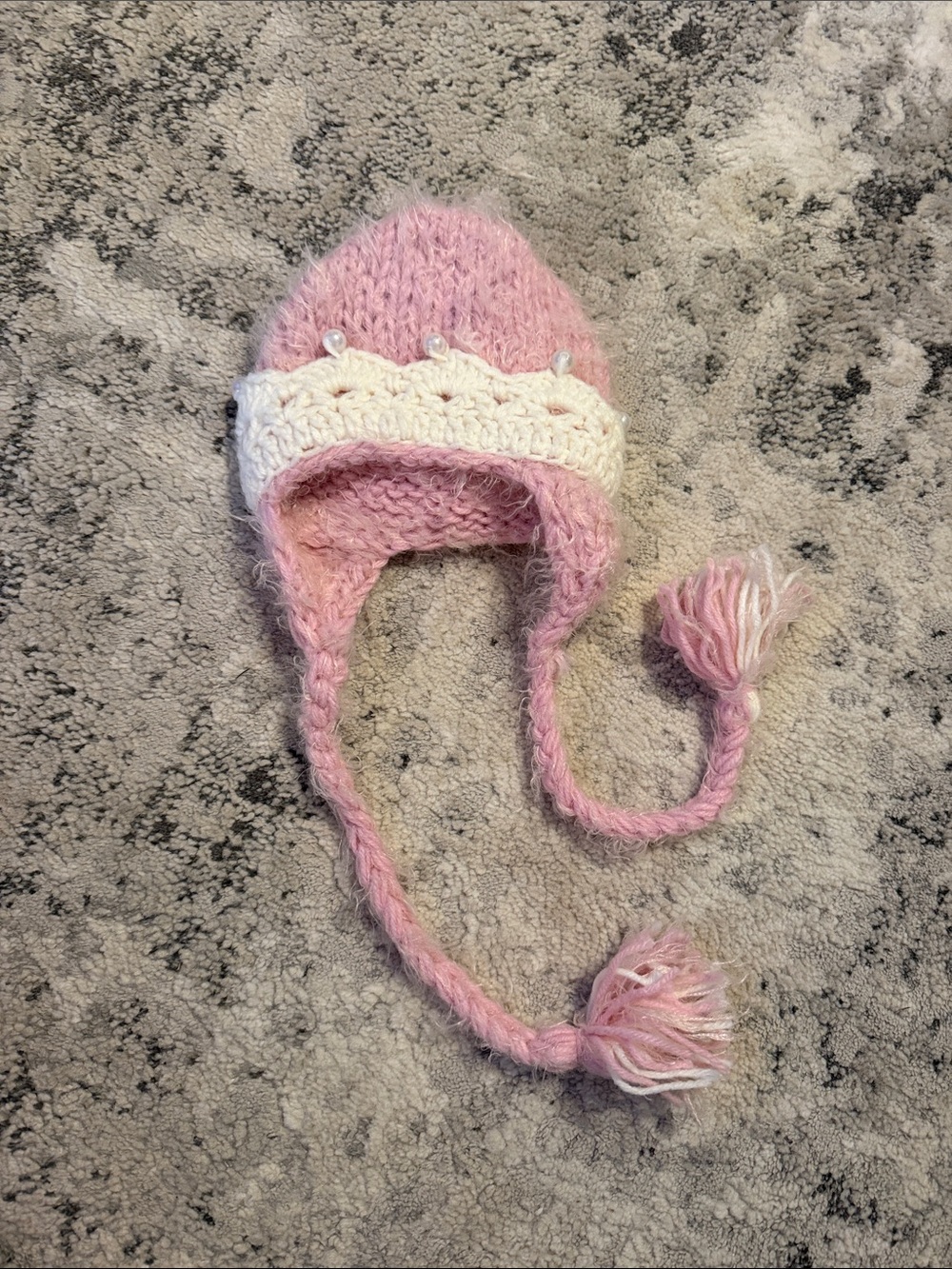 Cozy Pink Knit Earflap Hat with White Trim for Kids